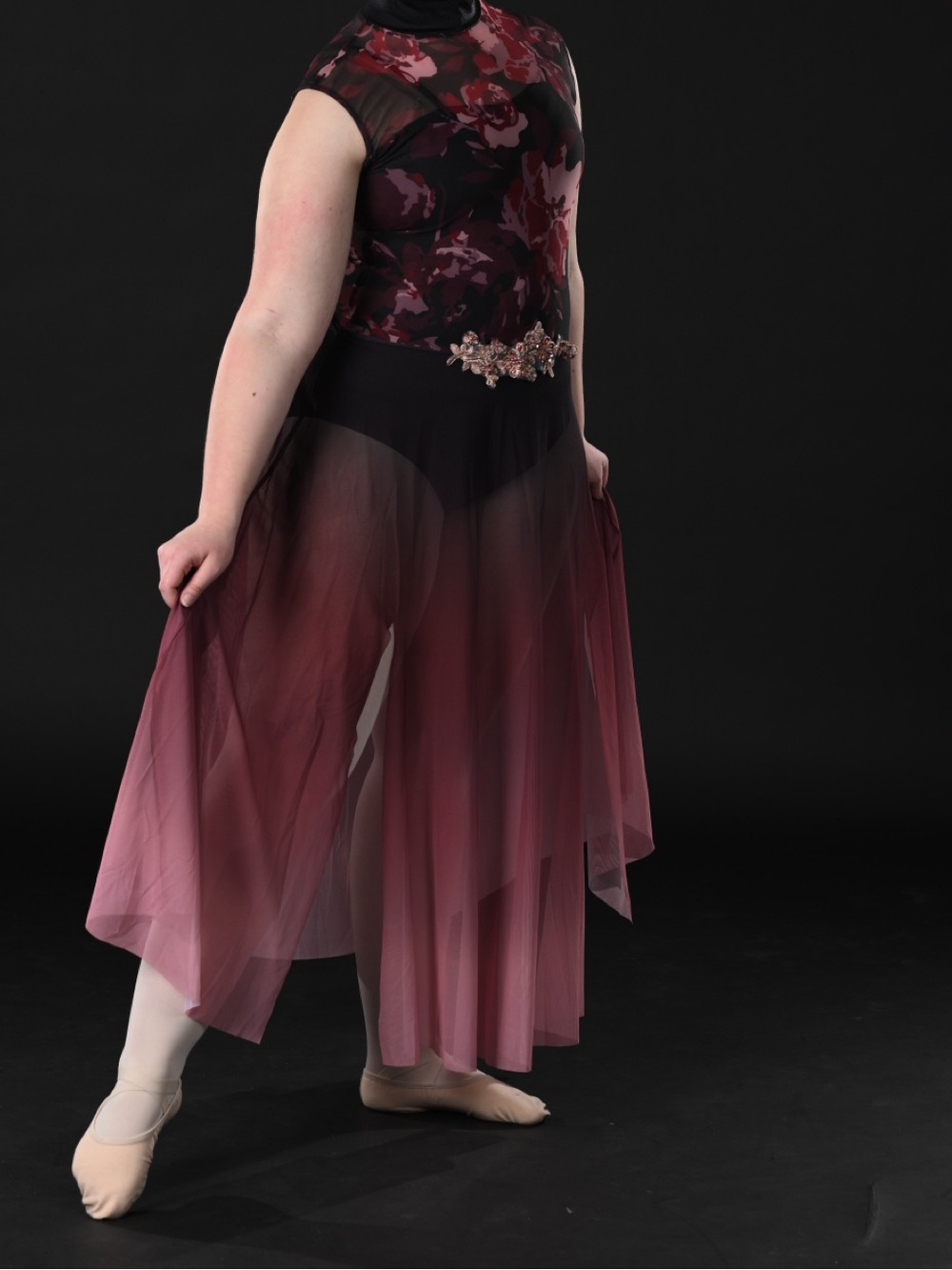 Ballet Costume- Tulle Overlay Midi Skirt in Burgundy Ombre